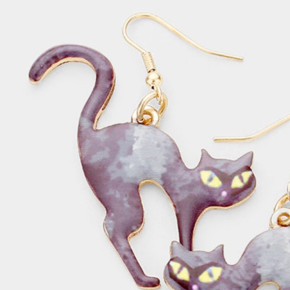 Black Cat Halloween Themed Dangle Enamel Earrings - Picture 2 of 3